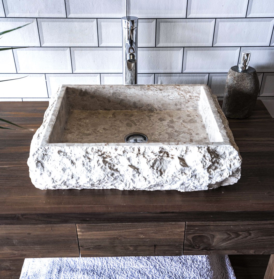 Cream Marble Rectangular Sink with Hewn Exterior 50 x 40 x 12.5cm