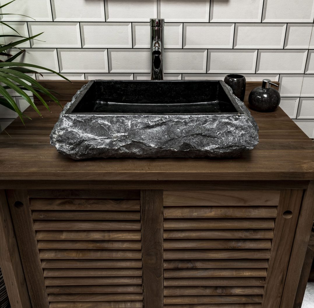 Black Marble Rectangular Sink with Hewn Exterior 50 x 40 x 12.5cm