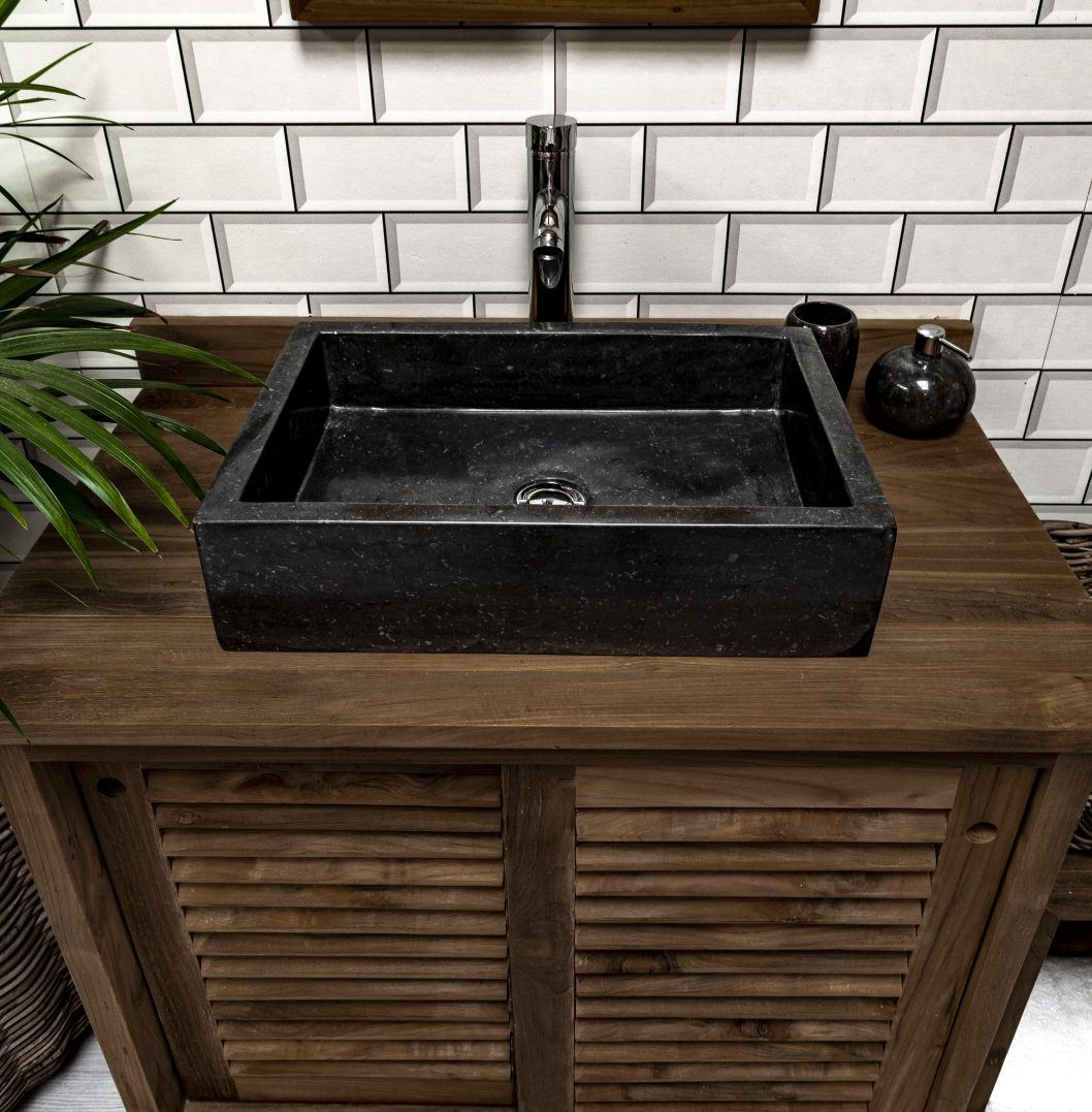 Black Polished Rectangular Stone Sink - 50 x 35 x 12cm.